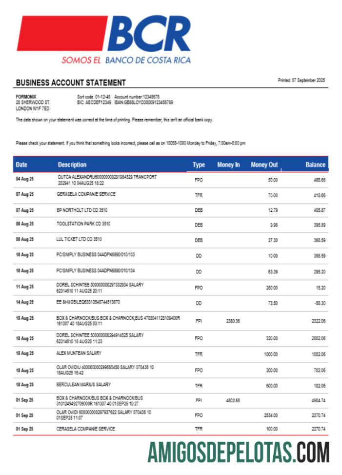 Costa Rica O Banco da Costa Rica Organização Bancária Exemplo de extrato de conta corrente em formato Word e PDF